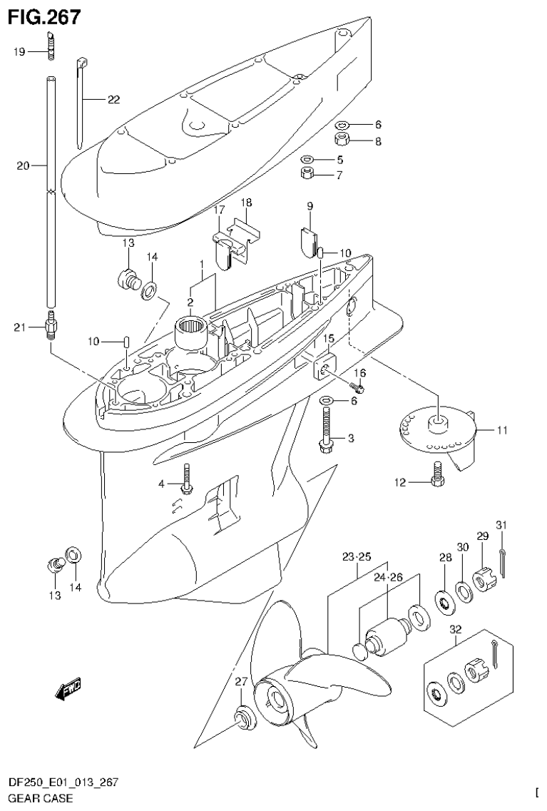 Suzuki DF200T, DF200Z, DF225T, DF225Z, DF250T, DF250Z GEAR CASE (DF225T E1) parts diagram